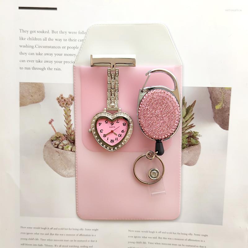 

Pocket Watches Watch Pen Holder Bag Stretch Buckle Heart-shaped Belt Drill Quartz Brooch Pink, Silver