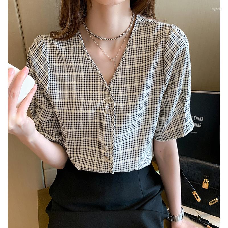 

Women's Blouses Taytayvola Summer Women Casual Button Short Sleeve Blusas Mujer De Moda Clothes Grid Female Shirts Femmes Office, Black