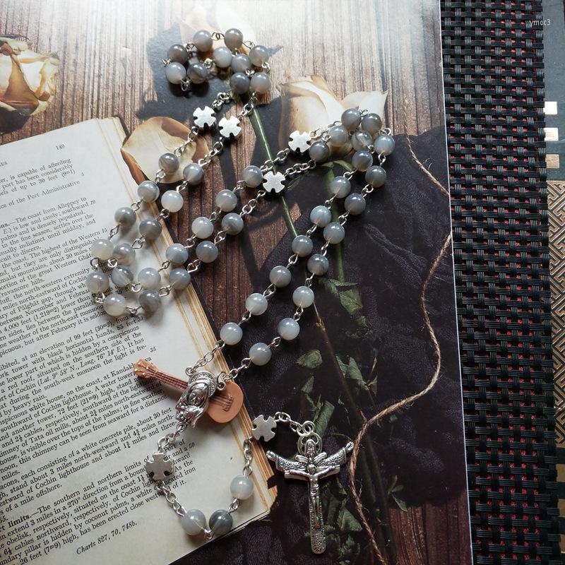 

Pendant Necklaces CottvoRetro Grey Rosary Beads Chain Necklace Virgin Mary Jesus Cross Women Men Catholic Jewelry Gift
