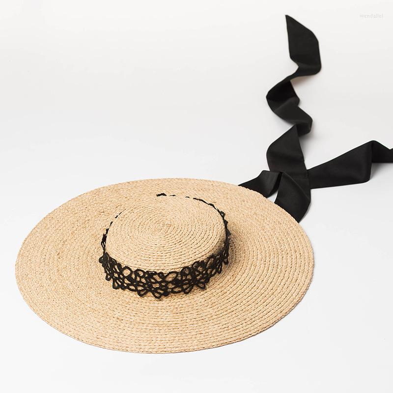 

Wide Brim Hats European American Fashion Shallow Flat Top Handmade Raffia Outdoor Casual Beach Sun Hat Lady Cape Designer, White
