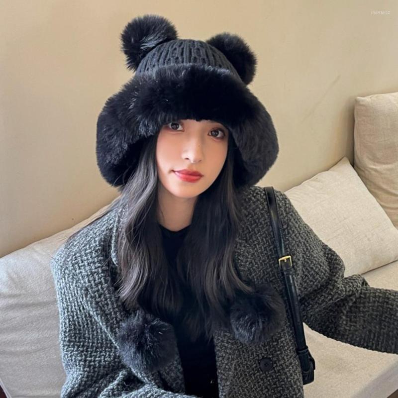 

Berets Women Cap Earflap Four Balls Solid Color Knitted Hat Lady Winter Thickened Plush Fluffy Knitting, White