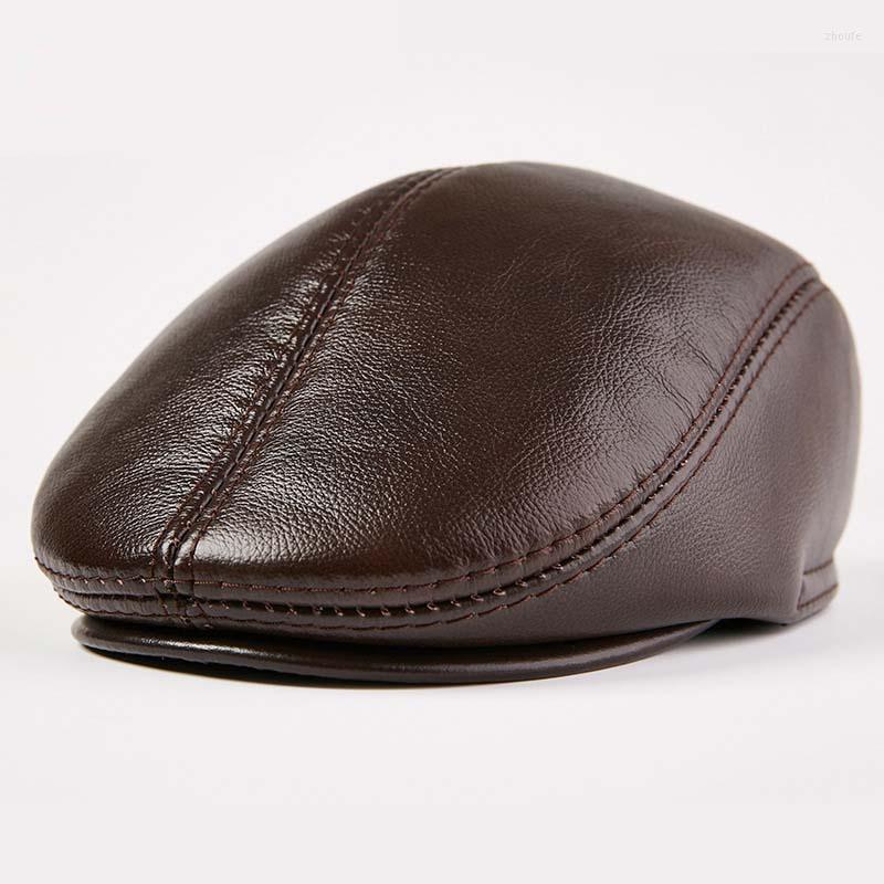 

Berets Middle Aged Old Age Male Casual Dad Sboy Hats For Men Winter Warm Cowhide Leather Solid Cap Fitted Retro Ivy Flat Hat, Black