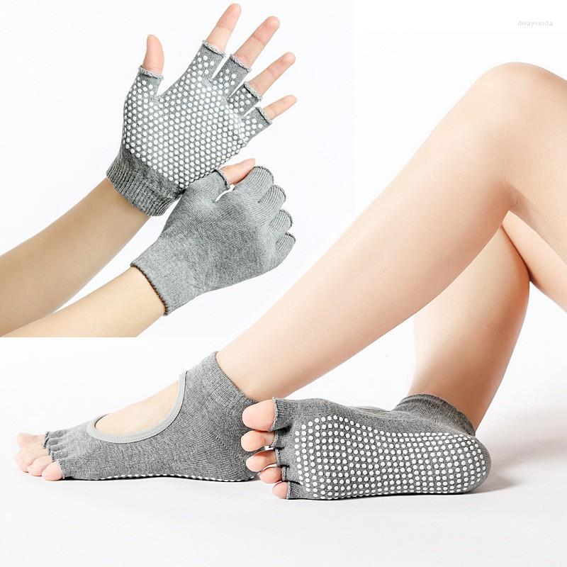 

Athletic Socks 2 Pair/Set Yoga Toe Nonslip Gloves Set Women Pure Cotton Sweat Absorbing Sports