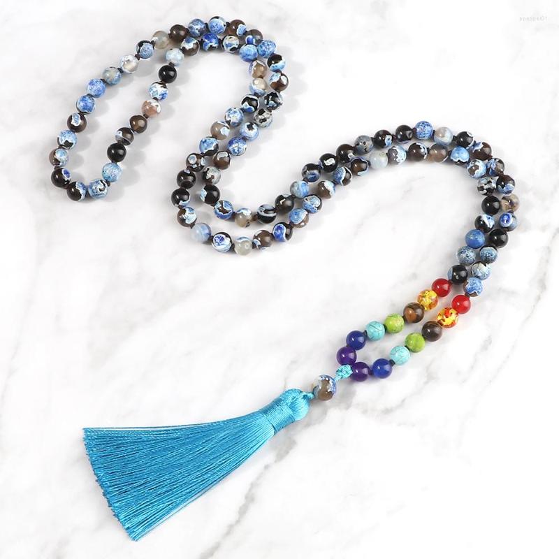 

Pendant Necklaces 108 Japamala Beads 7 Chakra Necklace 8mm Natural Stone Agates Handmade Knotted Healing Bohemian Rosary Tassel Jewelry
