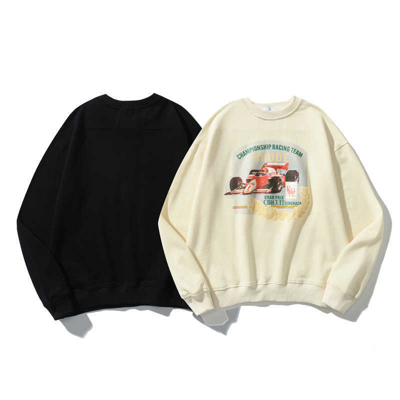

Rhude Fashion Brand Round Neck Sweater Racing Print High Street Loose Large Terry Coat for Men and Women, Black