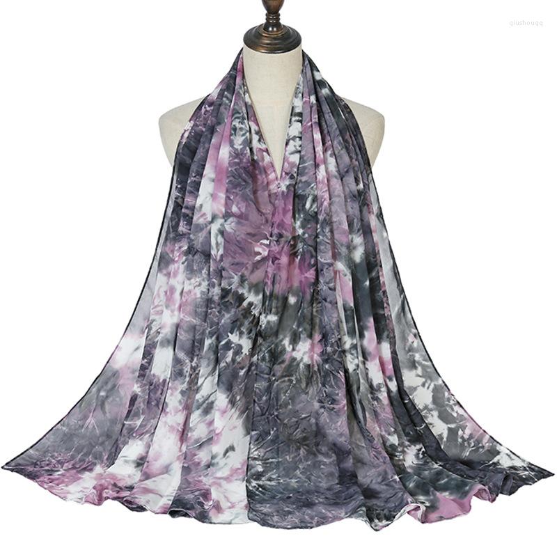 

Scarves 180 70Cm Muslim Fashion Tie-Dyed Floral Chiffon Hijab Women Printing Soft Headscarf Malaysia Shawls Trendy Female Wrapped Scarf