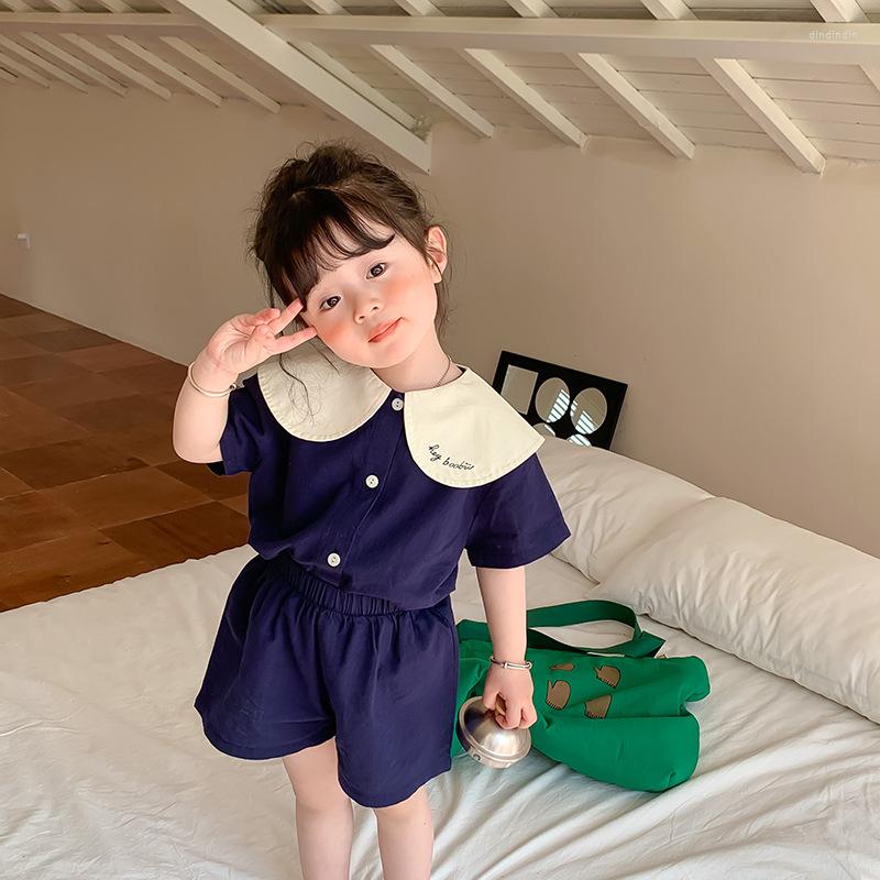 

Clothing Sets Summer Children Letters Embroidery Lapel Linen Cotton Outfits Girls Short Sleeve Shirts And Shorts 2pcs, Navy