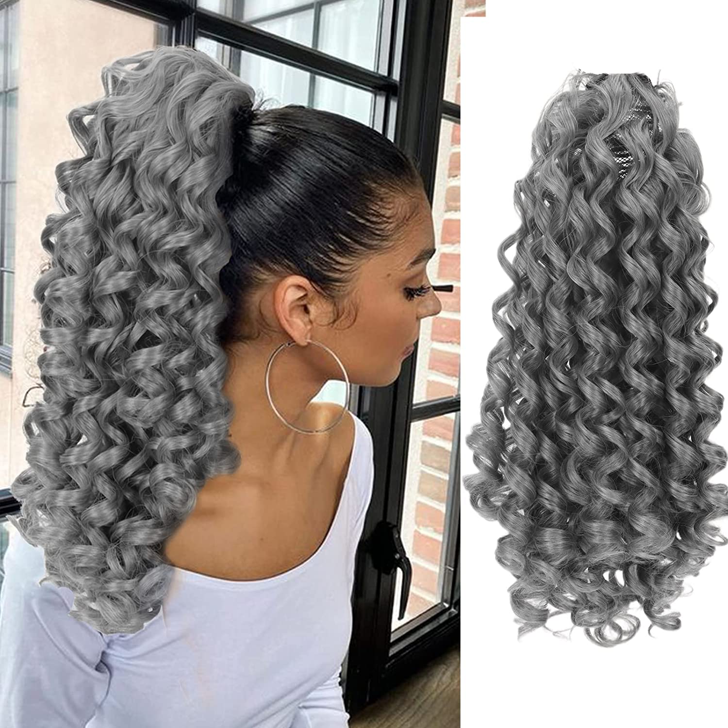 

Drawstring Ponytail Curly Ponytail Hair Extension for Black Women Silver Ponytails Extensions 14inch Curl Wavy Grey Pony Tails Gray# yong girl 120g 140g