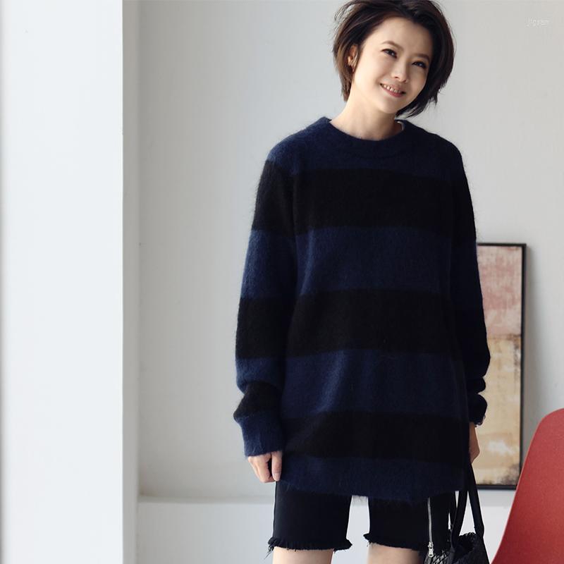 

Women' Sweaters MICOCO M1603C Artistic Texture Wool Blend Loose Medium Long Round Neck Striped Sweater For Women' Winter, Black