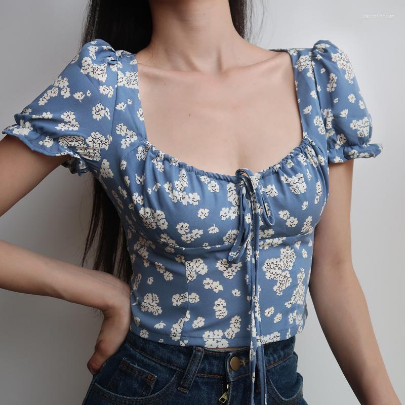 

Women' Blouses Women Square Neck Puff Sleeved Blouse With Drawstring Detail Floral Print Top In Blue A154