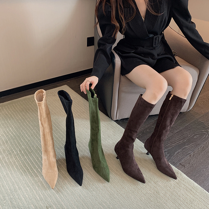 

Boots Fashion Women Knee Sock Stretch Booties Autumn Winter Flock Botas Thin Low Heels Side Zipper Pointed Toe Pumps Black/Green 221114