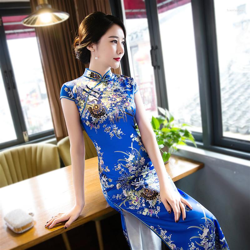 

Ethnic Clothing Sheng Coco Plus Size Robe Orientale Silk Cheongsam Dresses Blue Shanghai Evening Qipao 5XL Vestido Estilo Chino Oriental