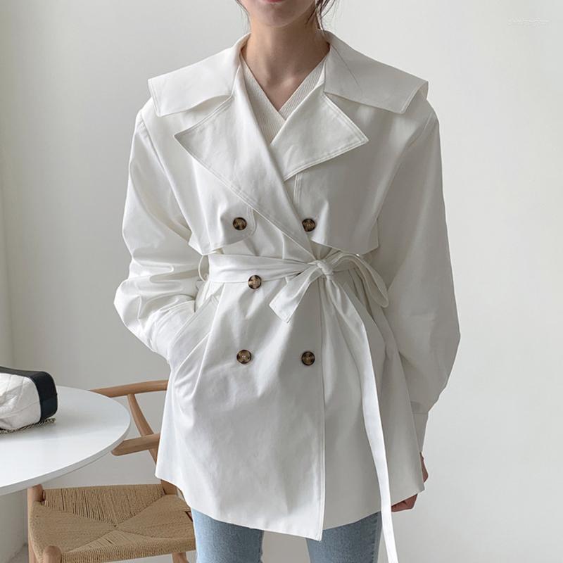 

Women' Trench Coats SuperAen Korean Chic Autumn Turn Down Collar Solid Color Contrast Double Breasted Lace Up High Waist Long Sleeve Coat, White