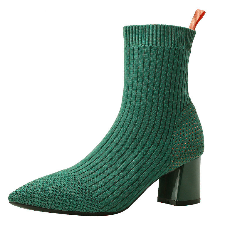

Boots Candy Color Sock Boots Women Pointed Toe High Heels Leopard Stretch Fabric Bottes Femme Brethable Stripe Knitting Ankle Boots 221114, Green
