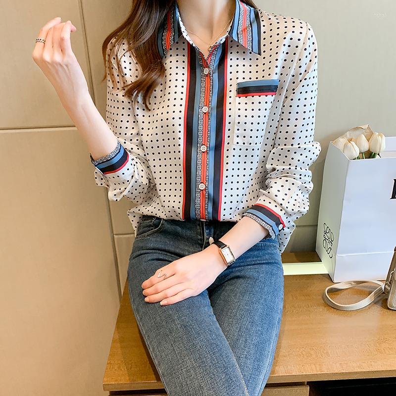 

Women' Blouses Pointed Lapel Shirt Women Blouse Long Sleeve Summer Korean Fashion Dot Print Poplin Casual Loose Clothing Houthion, Beige
