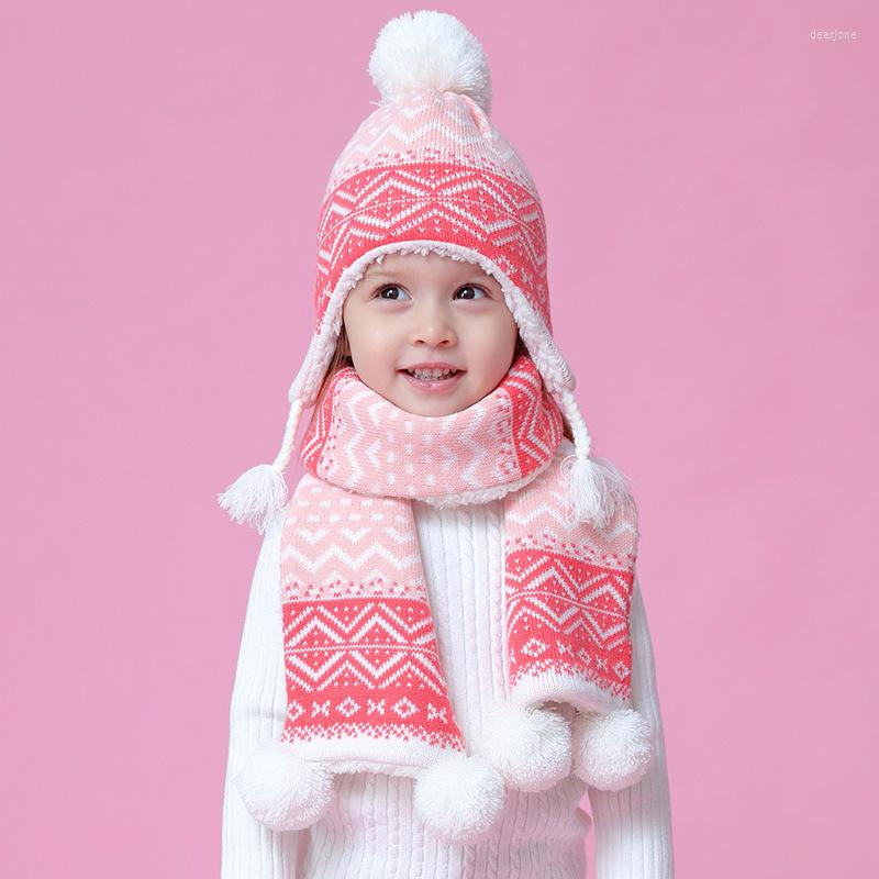 

Hats Children Scarf 2pcs Warm Knitted Hat Girls Autumn Winter Wear Ear Protection Cap Boys Baby Caps B-9492, Pink