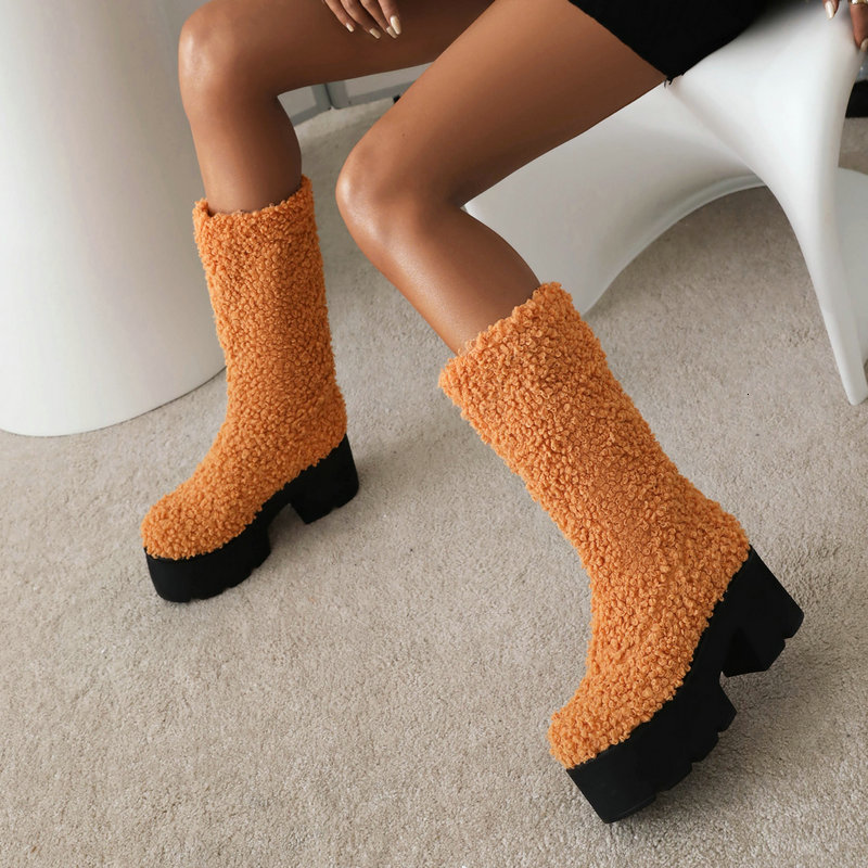 

Boots Fashion Lady Autumn Winter Platform Warm Knee High Boots Female Faux Lamb Wool Long Boots Slip On Square High Heel Women's Shoes 221114, Auburn