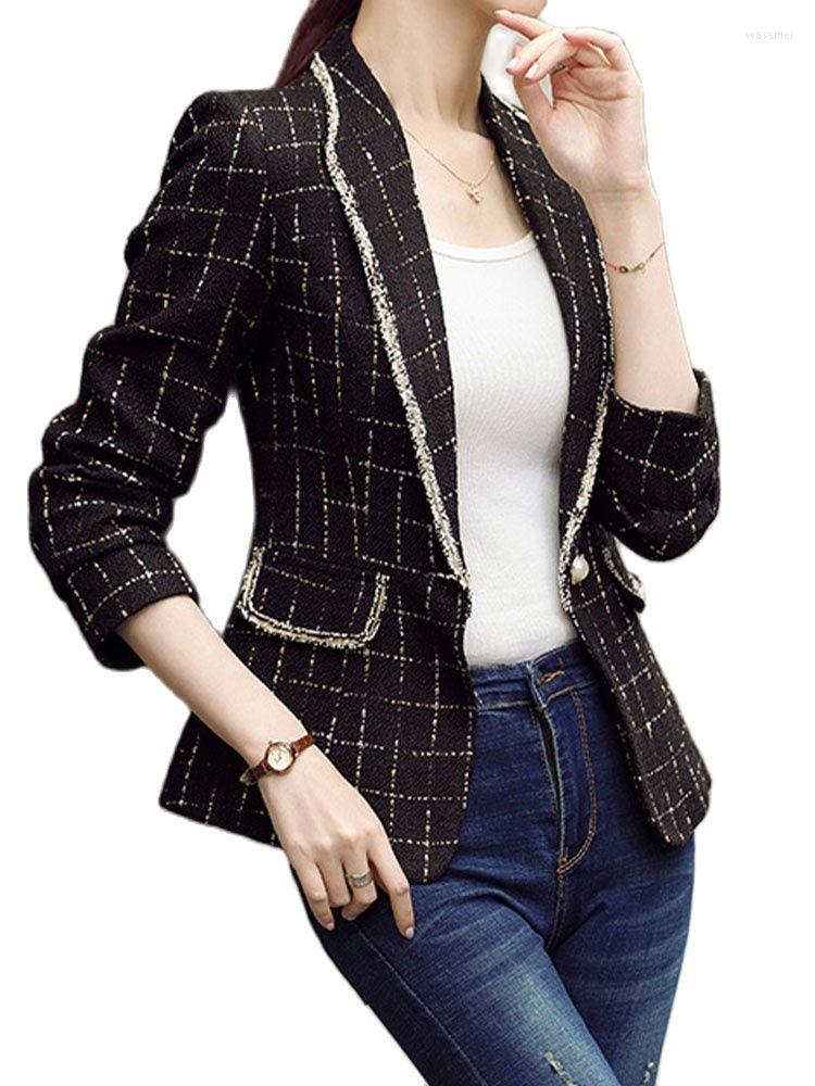 

Women's Suits Temperament Grid Suit Jacket Short Casual Small 2022 Autumn Korean Fashion Women'S Clothing, Black