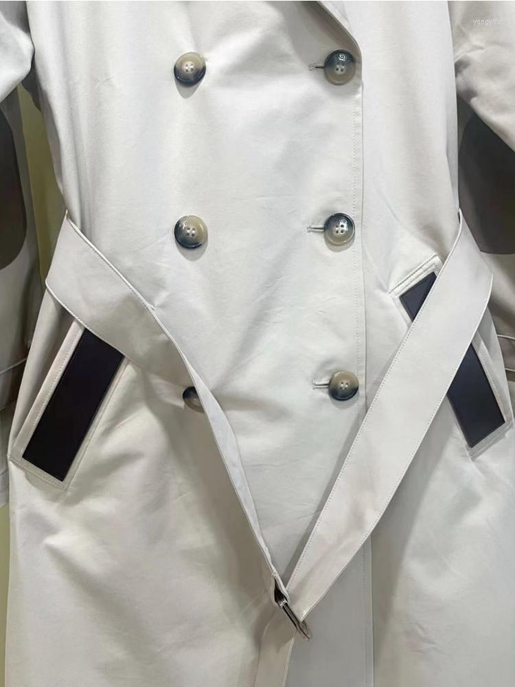 

Women' Trench Coats Autumn And Winter Leather Splicing Patchwork Belt Double Breasted Women Casual Long Coat, Beige