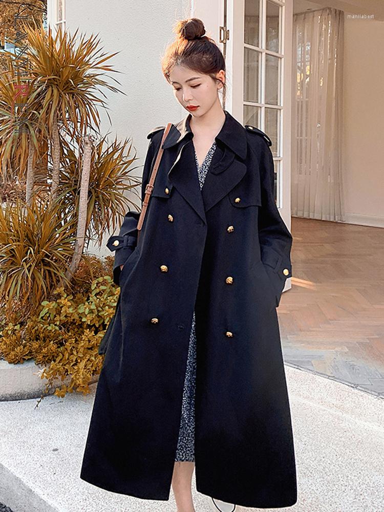 

Women' Trench Coats LANMREM Black Coat For Women 2022 Autumn Double Breasted Loose Fashion Long Windbreaker Female Streetwear 2R5271