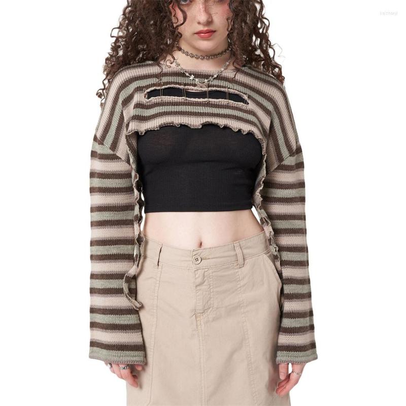 

Women' Blouses Women Knitted Stripes Long Sleeve Blouse Hollow Round Collar Short Pullover Tops Punk Style Female Shirts Clothing, Brown