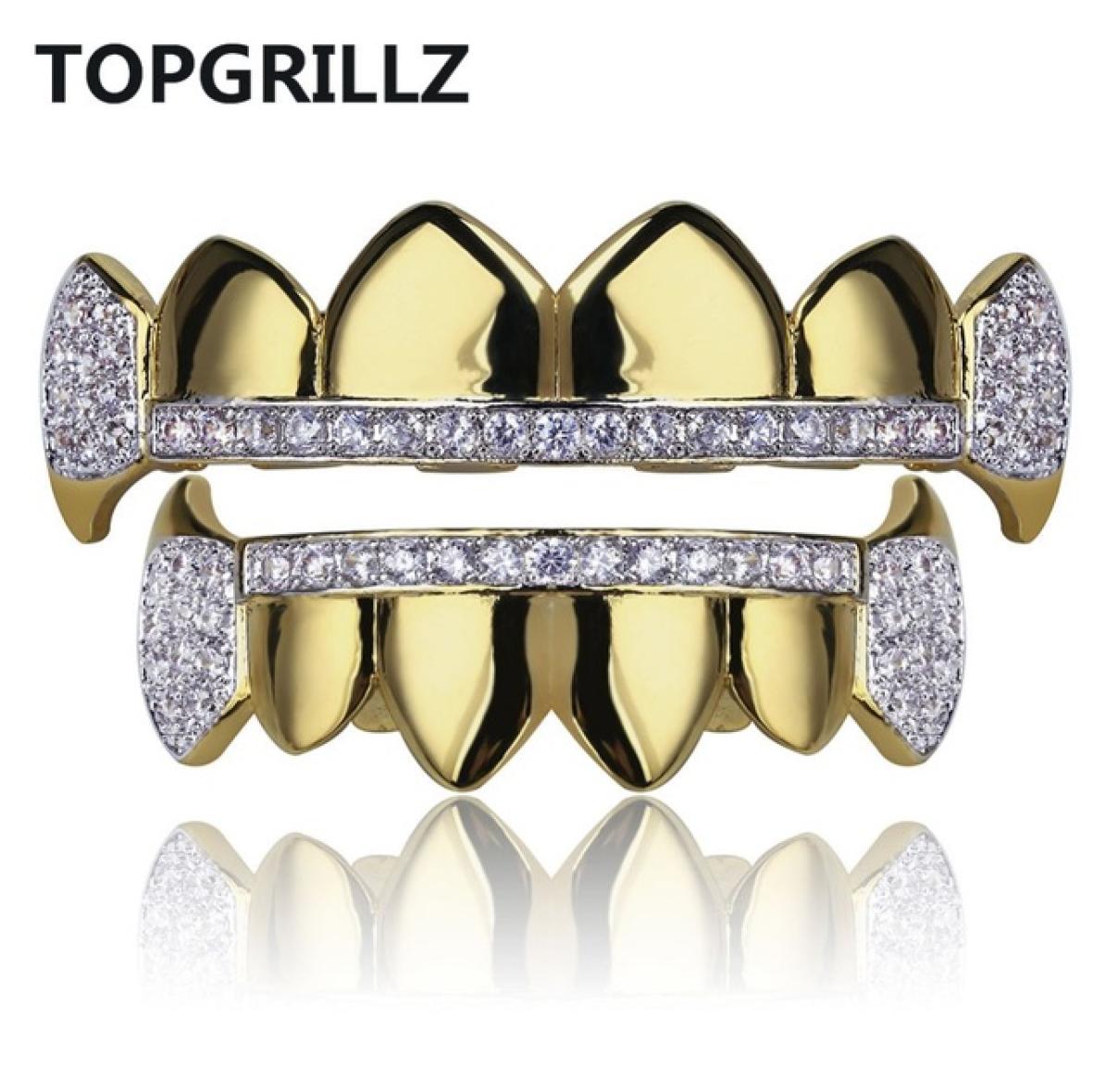 

TOPGRILLZ Gold Hip Hop Teeth Grillz Micro Pave Cubic Zircon TopBottom Vampire Fangs Teeth Grills Set Holleween Gift Idea9841851