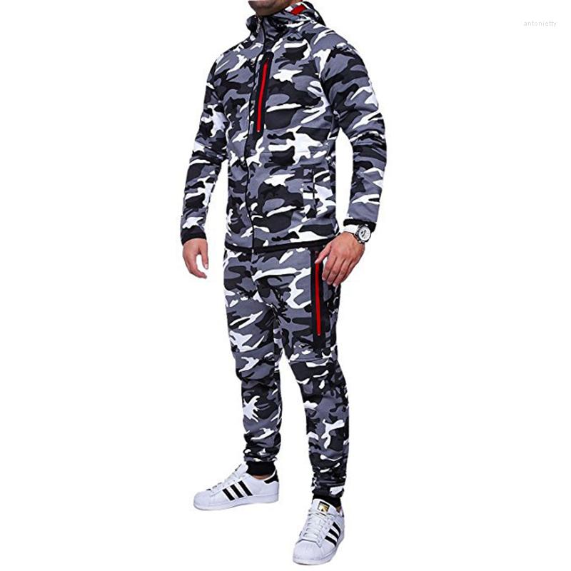 

Men's Hoodies Camouflage Printed Men Set Fashion Zipper Jacket 2Pcs Tracksuit Sportswear Sweatshirt Pants Joggers Suit, Light gray