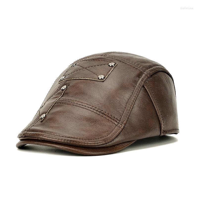

Berets Beret Hats For Men Women Cowhide Genuine Leather Sboy Cap Man Vintage Flat Rivet Patch Ear Flap Protection Lvy Hat, Dark brown