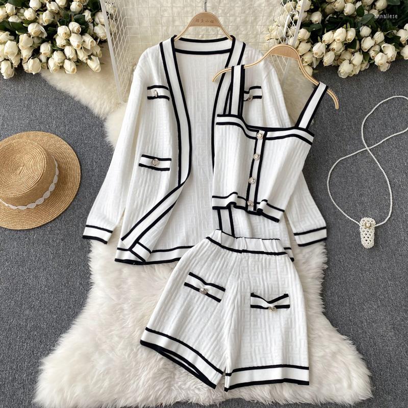 

Women's Tracksuits Women Tank Tops & Shorts Long Cardigan Coat Suit Loose Striped Patchwork Outfit Autumn Winter Casual Knitted Three, Black set
