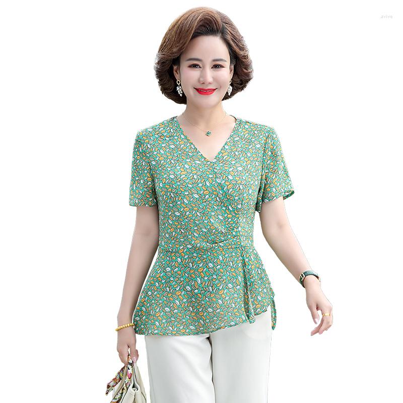 

Women's Blouses Women Spring Summer Style Tops Lady Casual Short Sleeve V-Neck Slim French Wrap Blusas, Green