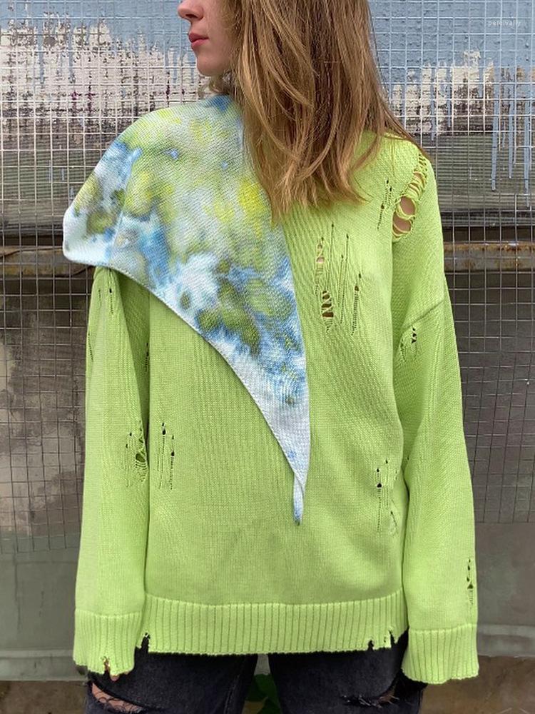 

Women' Sweaters Y2K Hollow Out Knit Loose Sweater Women Fashion Round Neck Solid Pullover Female Long Sleeve Vintage High Street, Green