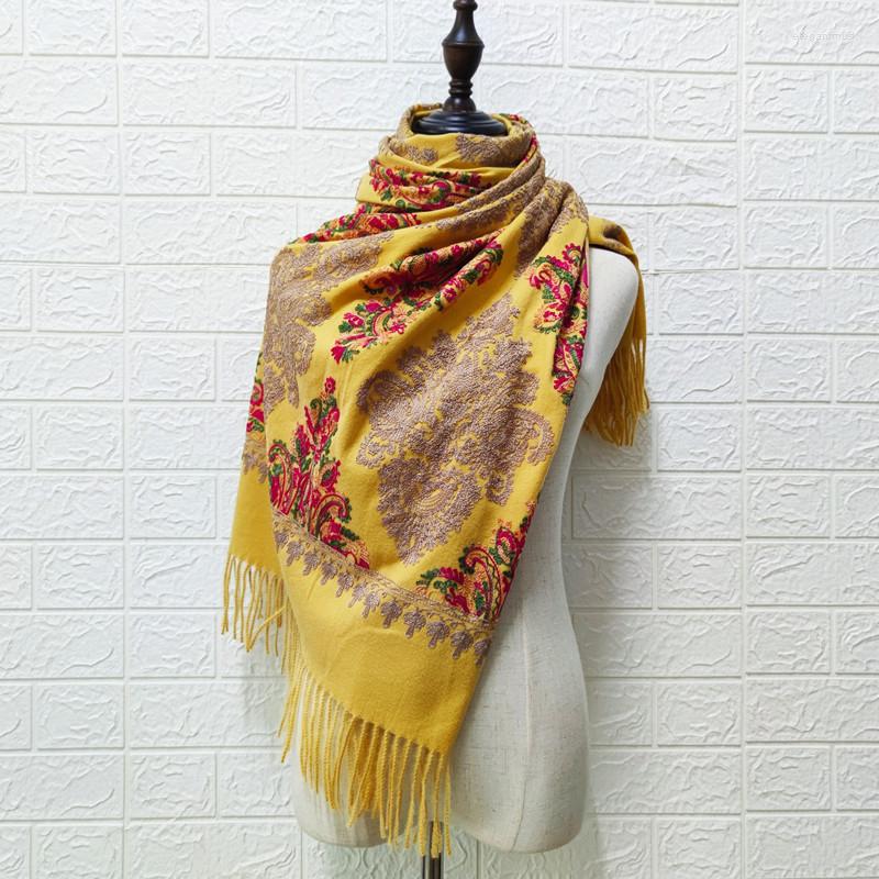 

Scarves Yellow Embroider Flower Pashmina Cashmere-Like Scarf For Women Winter Warm Fine Tassels Scarfs Shawl Fashion Travel