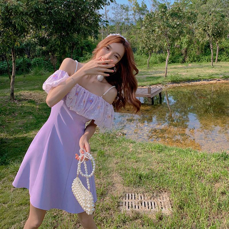 

Casual Dresses Floral Mini Purple Women Summer Sexy Sleeveless Designer Shoulder Off Dress Female Elegant Party Chiffon 2022