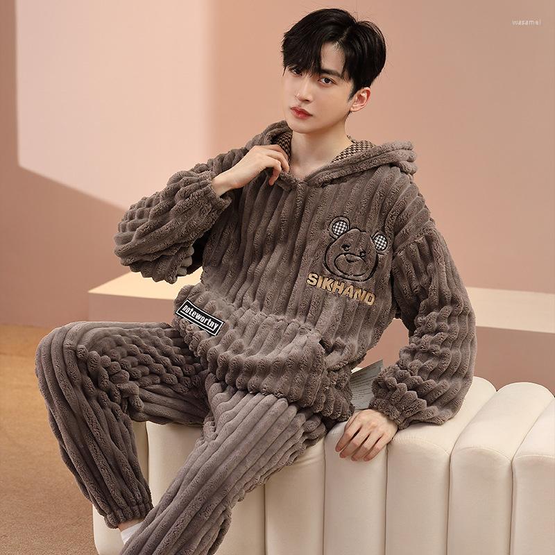 

Men's Sleepwear Flannel 2023 Pajamas Men's Set Autumn Winter Coral Fleece Long Sleeve Hooded House Clothes Male Home Wear Warm Suit, 66119
