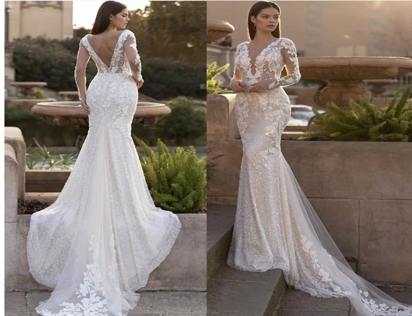 

2022 Luxury Lace Appliques Sequins Mermaid Wedding Dress VNeck Long Sleeve Backles Sweep Train Bride Gown Vestidos De Noiva BES124624941, White