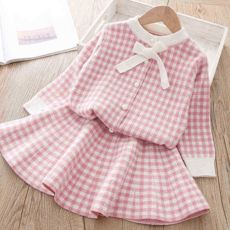 

Girls fashion clothing sets kids long sleeves sweater hipplaid skirt two piece clothing autumn and winter warm sweater suit J220711, Red