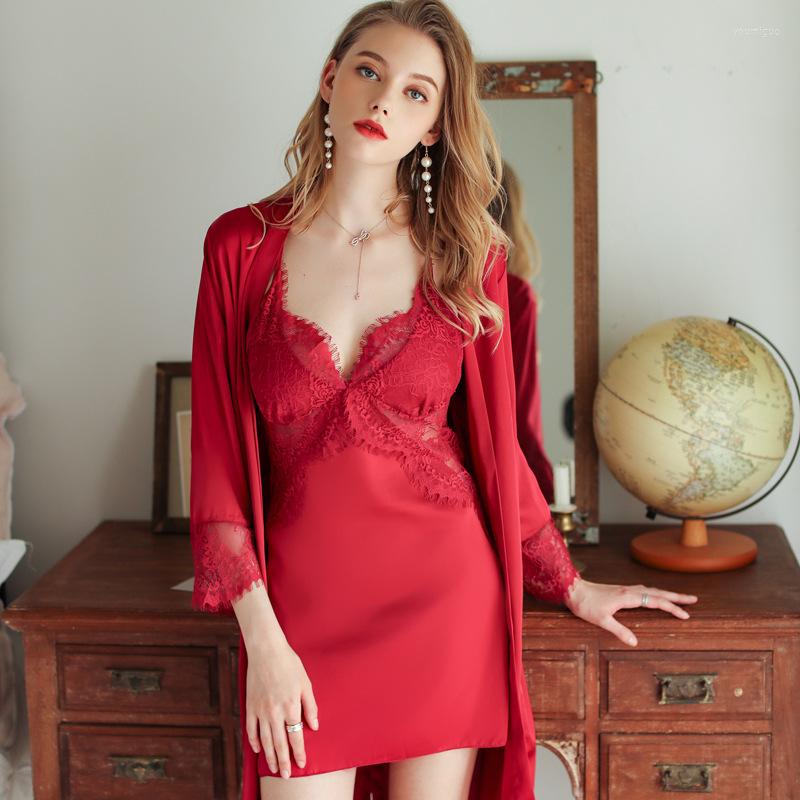 

Women's Sleepwear Lisacmvpnel Lace Hollow Out Women Robe Set Beauty Back Chest Pad Sexy Nightdress Cardigan Twinset Pyjamas, Black