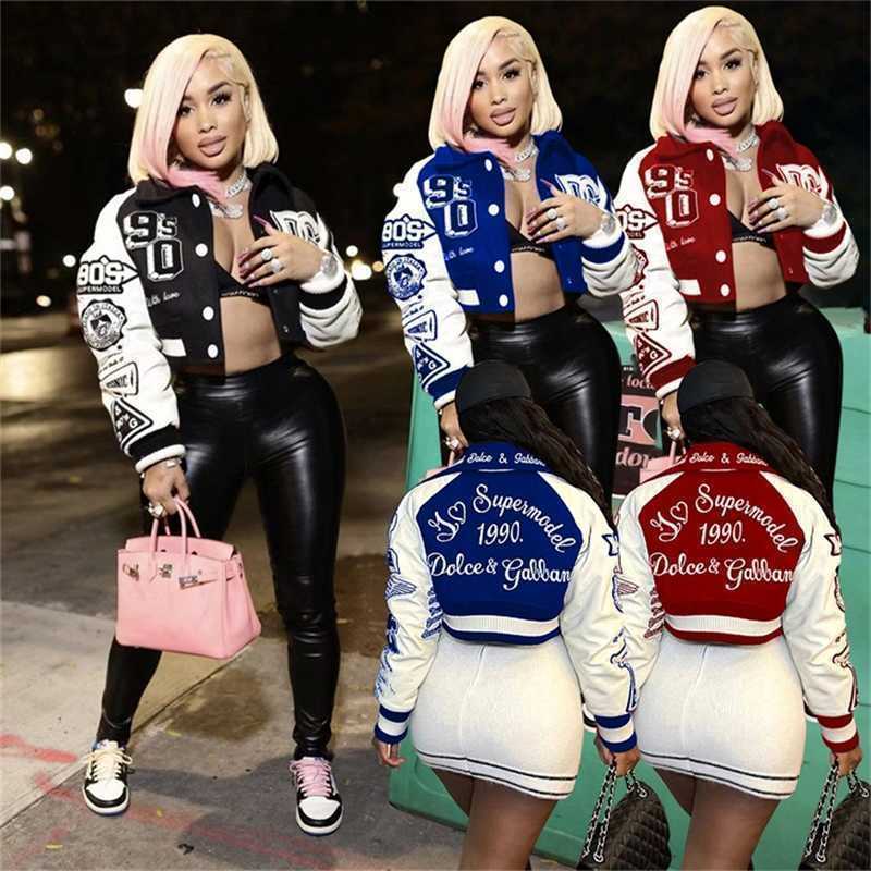 

Designer Womens Clothing Jacket Letter Printed Baseball Uniform Woolen Lapel Jackets Women Trendy Splicing Coat Crop Top -XXL