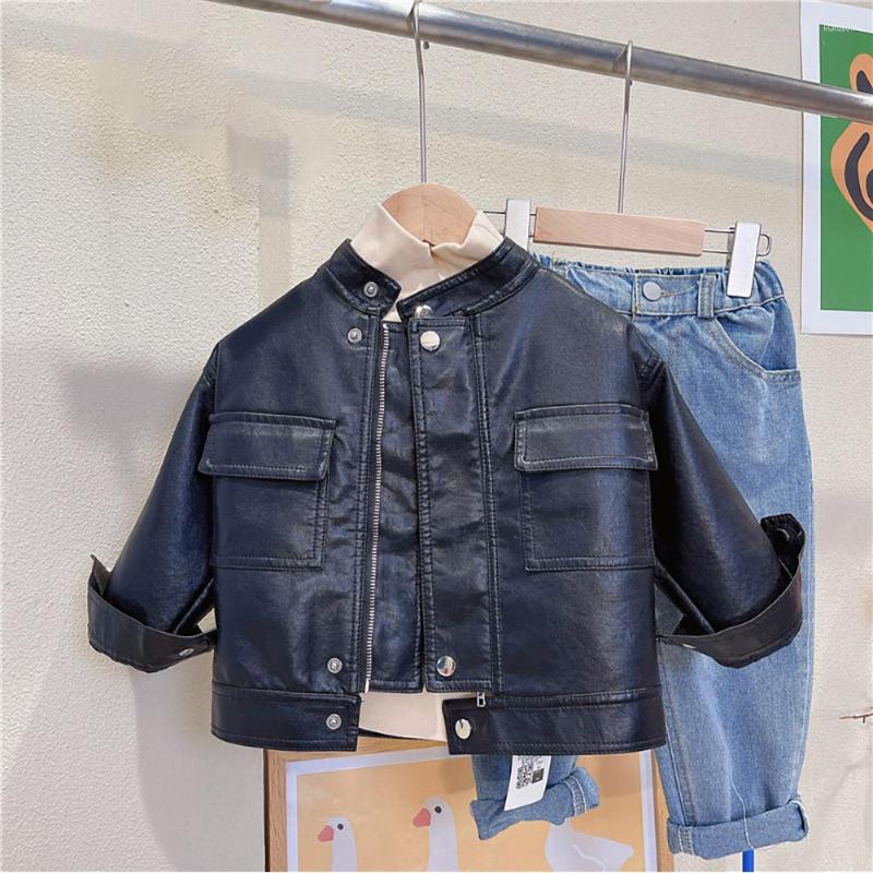 

Jackets Fashion Boys Pu Leather Biker Tops Spring Autumn Long Sleeve Stand Collar Kids Coats 2-8Years Old Children Clothes, Jacket
