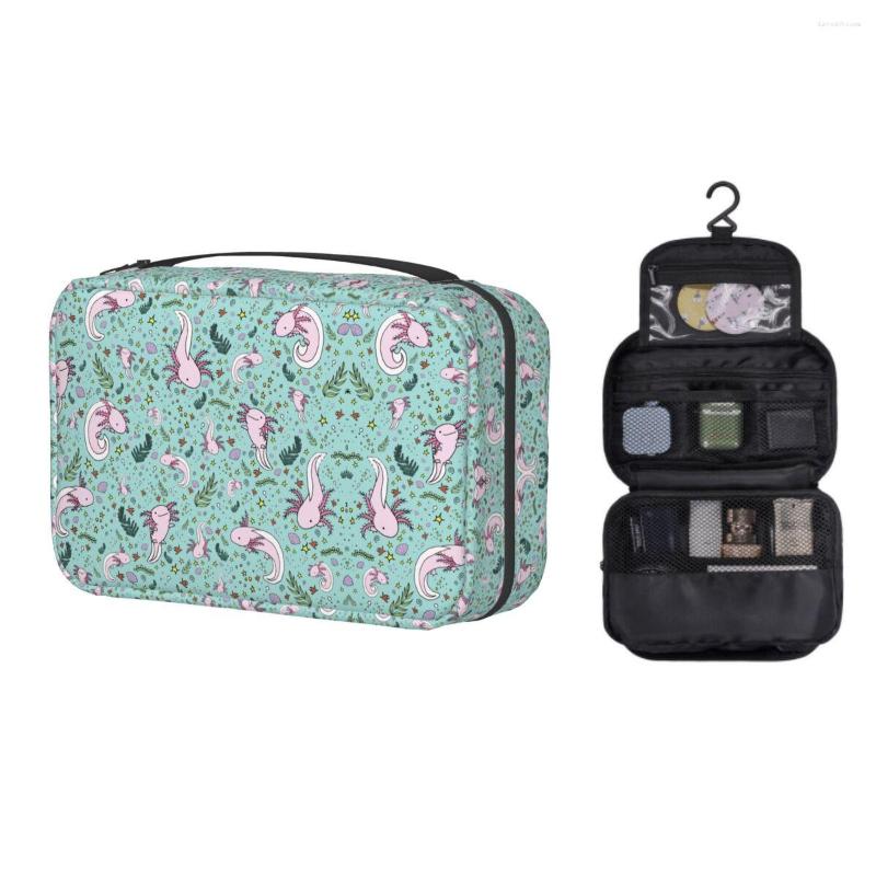 

Cosmetic Bags Cute Axolotl Travel Toiletry Bag Women Hanging Amphibian Relaxolotl Relax Makeup Dopp Kit