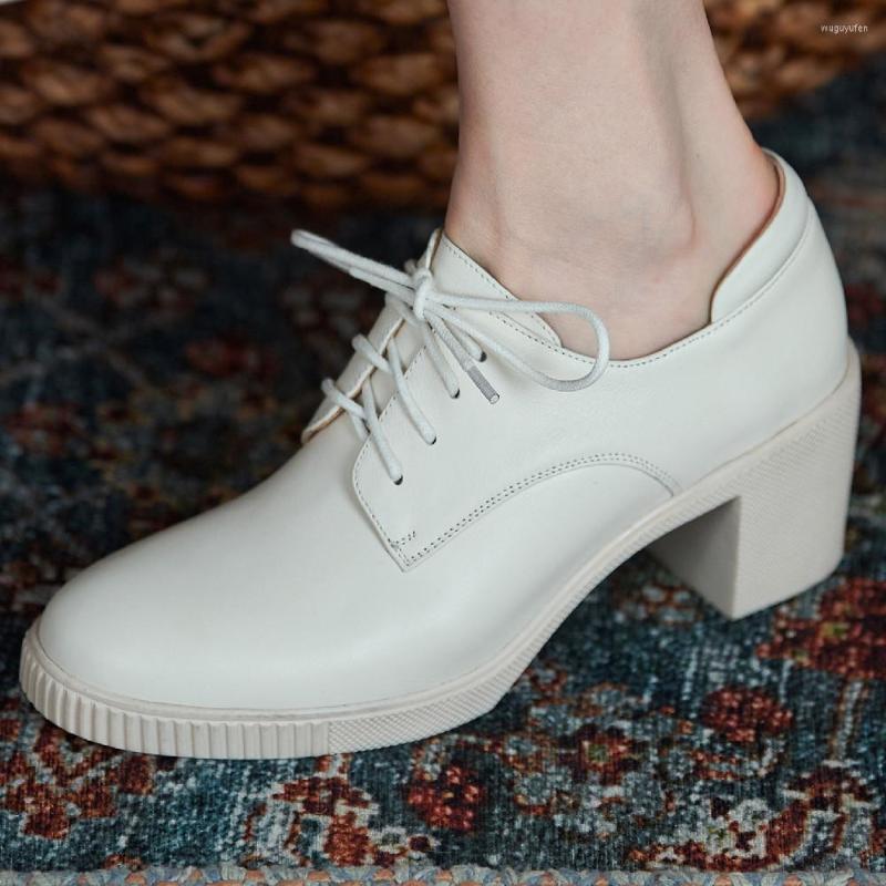 

Dress Shoes 2022 Autumn Women's Genuine Leather Chunky Heel Lace-up Pumps OL Style Soft Comfortable Casual Heels Single For Women, Beige
