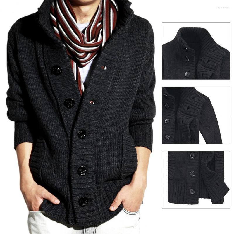 

Men's Sweaters Chic Knitted Cardigan Side Pockets Men Solid Color Warm Buttons Closure Sweater Coat, Denim blue