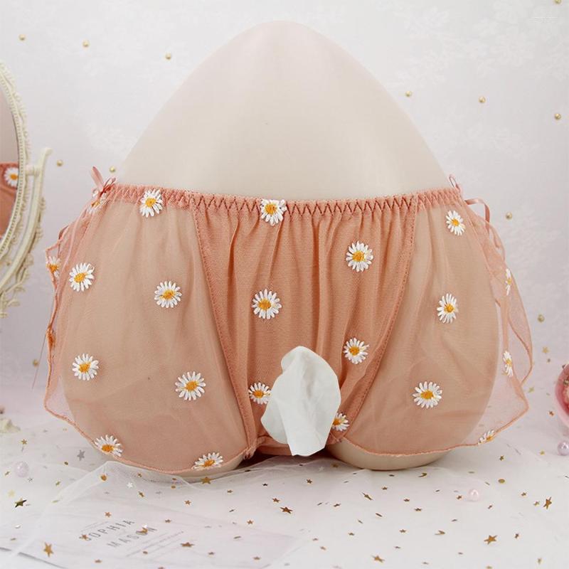 

Underpants Cute Lace Sissy Pouch Panties Mens Women 2022 Mesh Up Sexy Floral Embroidery Gay Breathable Briefs Underwear, Black