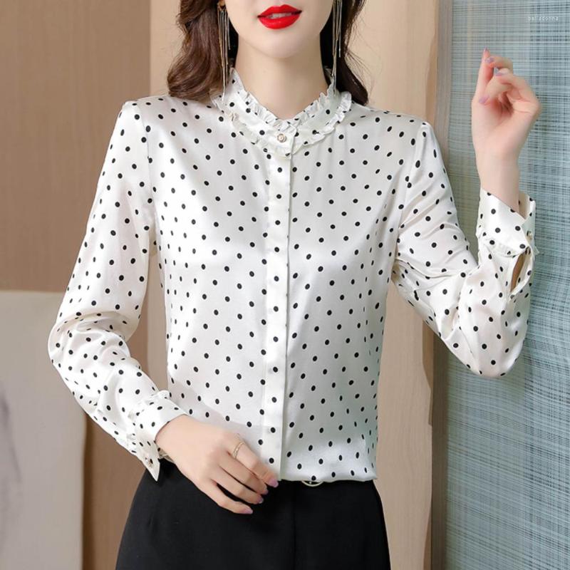 

Women's Blouses Silk Blouse Womens Spring Casual Long Sleeve Top O Neck Polka Dot Print Satin White, Photo color