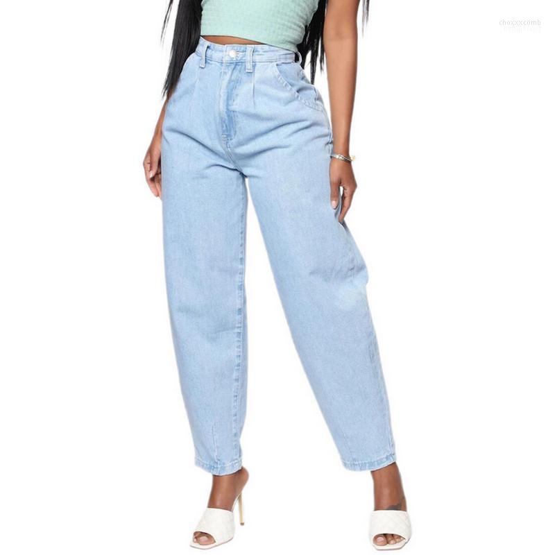 

Women' Pants Autumn Womens Solid Color Washed Demin High Waist Design Loose Version Pocket Smooth Zipper Clothing Pant Women, Blue