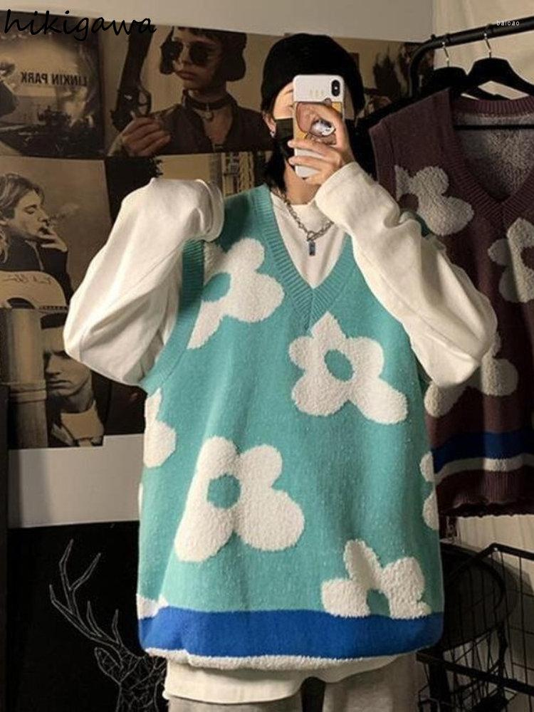 

Women' Vests Streetwear BF Vest Women V-neck Floral Knitted Sweater Oversized Tops Y2k Cothing Preppy Style Loose Casual Jumper Tanks 7g993, Only blue vest