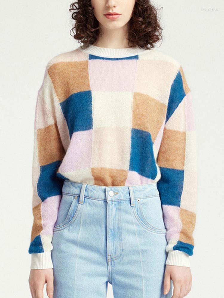 

Women' Sweaters Women Plaid Color Patchwork Sweater Round Neck 2022 Autumn Ladies Jumper