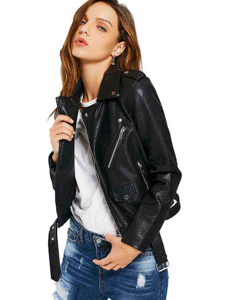 

Ftlzz Spring Autumn Women Faux Leather Jacket Soft Pu Zip Up Motorcycle Short Pu Moto Biker Runaway Furnished Slim Jacket with Belt J220727, Red
