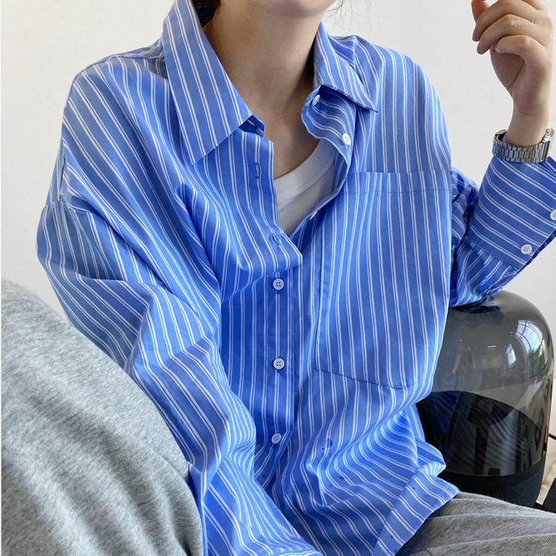 

Women's Blouses Korea Autumn Casual Trend Women Lapel Single-breasted Vertical Stripes Fashion Loose Pocket Long-sleeved Shirt 2022 U099, Light blue