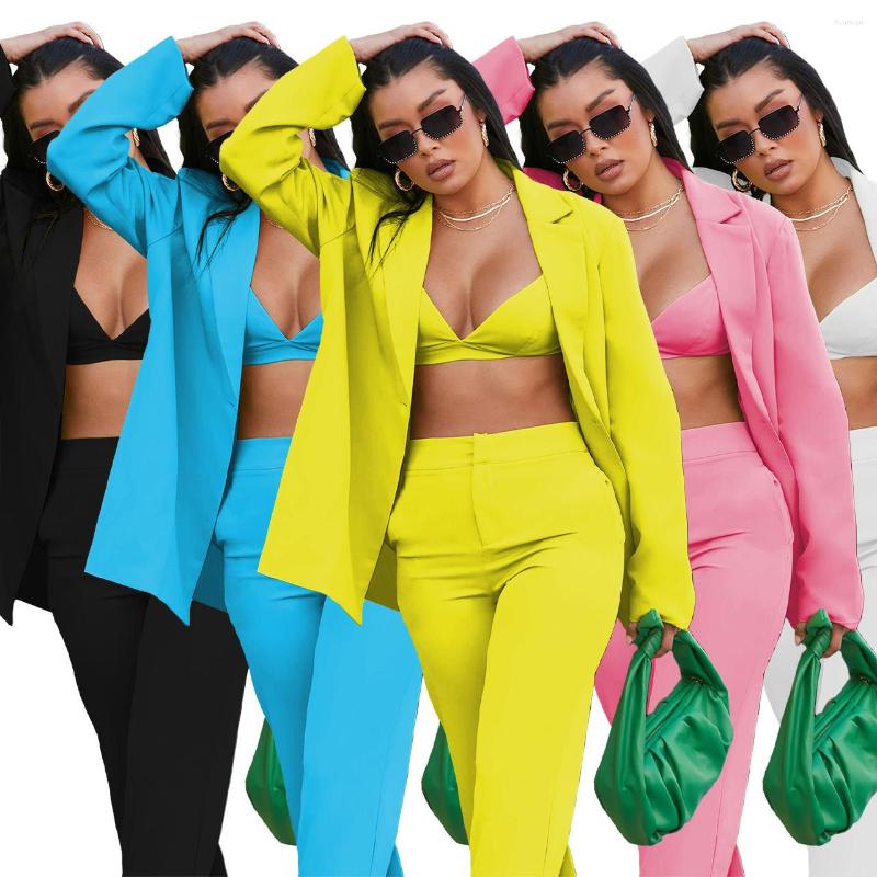 

Women's Two Piece Pants Casual Women 3 Set Office Lady Solid Color Tracksuit Jacket Coat Bra Long Streetwear Matching Clothes Outfit, Black